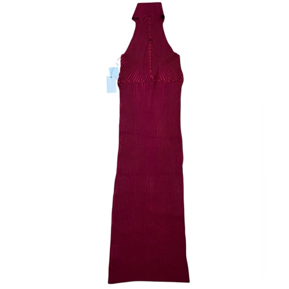GOOD AMERICAN Sz L/XL 3/4 Dress Angled Rib Mock Halter Midi Burgundy New - Picture 4 of 10